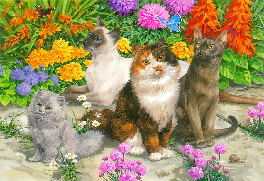 Floral Cats Painting by MGL Meiklejohn Graphics Licensing