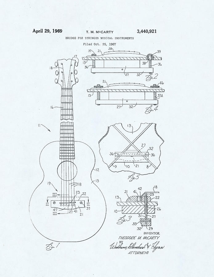 Guitar Patent Drawing on a blue background #22 Drawing by Steve Kearns