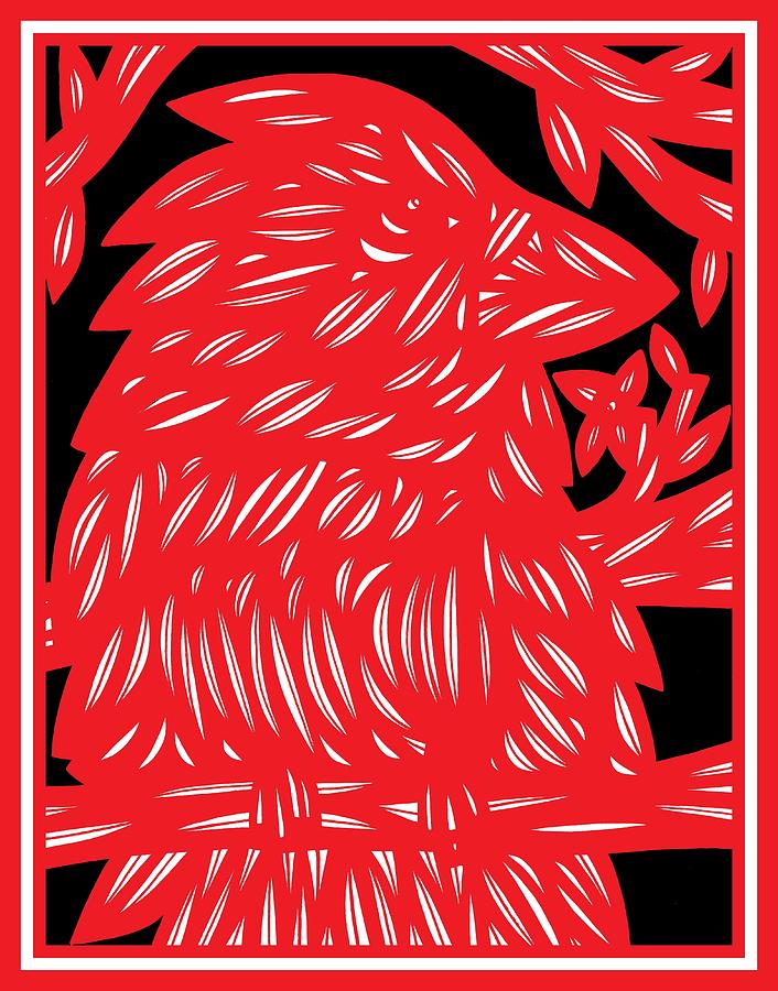 Red Drawing - Ailurophile Bird Red White Black by Eddie Alfaro