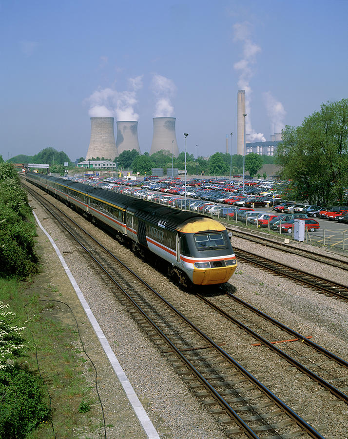 125 Train Passing Car Park & Didcot Power Station Photograph by Martin Bond/science Photo Library