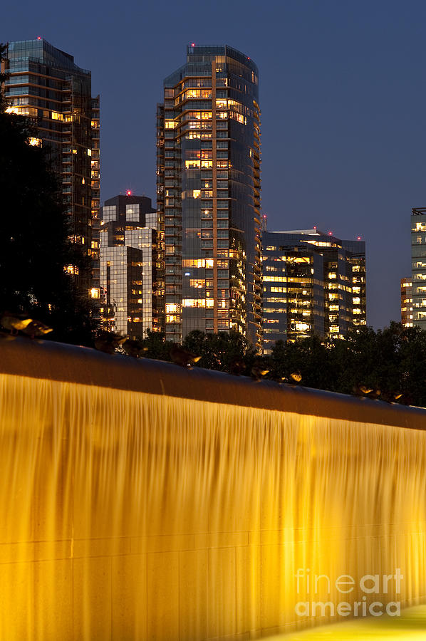 Bellevue skyline from city park with fountain and waterfall at s #13 Photograph by Jim Corwin