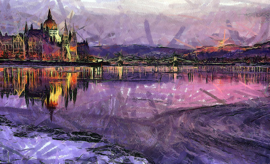 Budapest by night #13 Painting by Odon Czintos