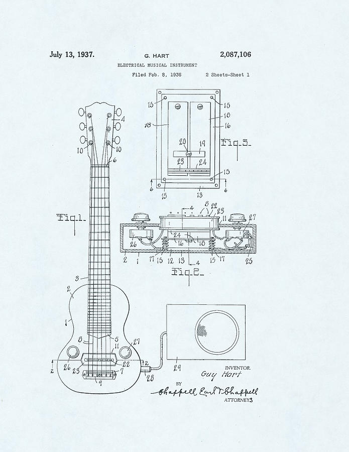 Guitar Patent Drawing on a blue background #21 Drawing by Steve Kearns