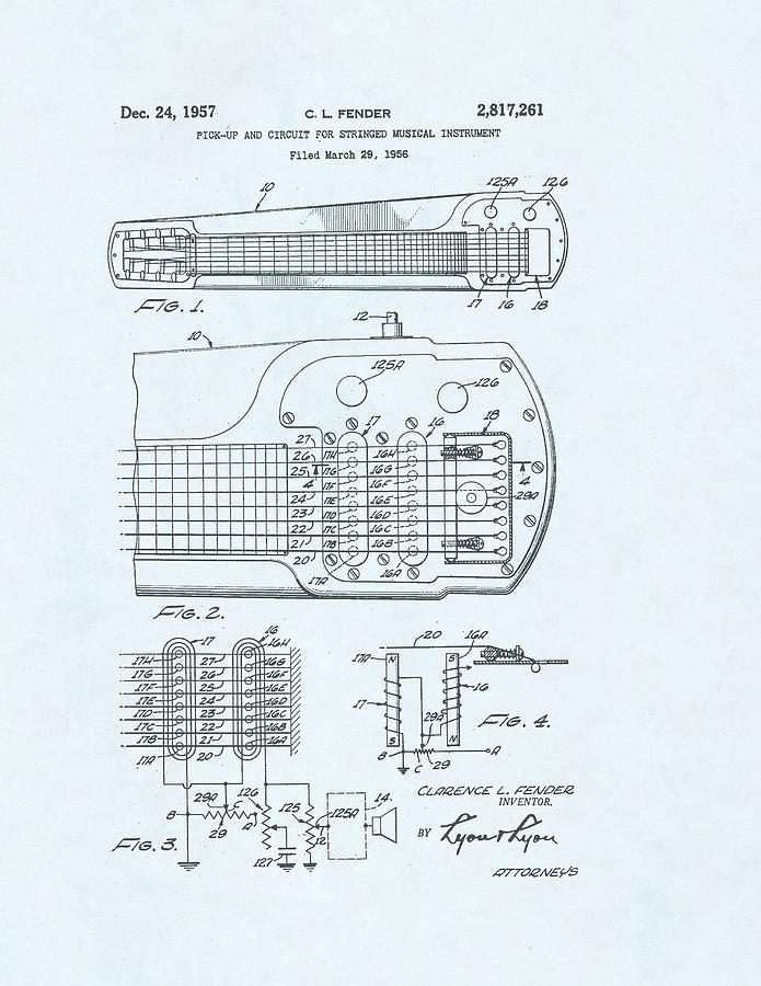 Guitar Patent Drawing on a blue background  #8 Drawing by Steve Kearns