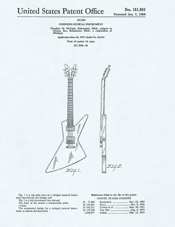 Guitar Patent Drawing on a blue background #20 Drawing by Steve Kearns