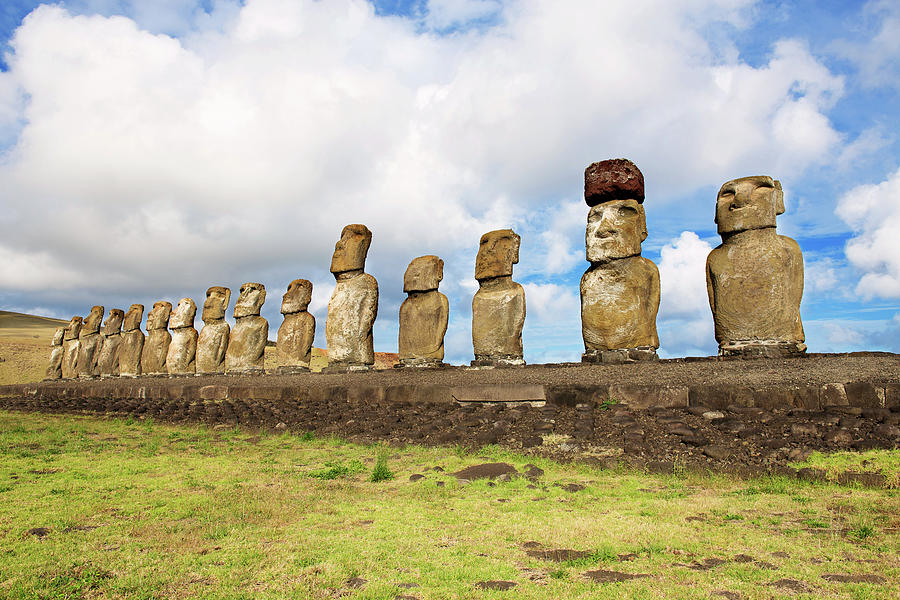 15 Moai On An Altar On Easter Island Photograph by Volanthevist