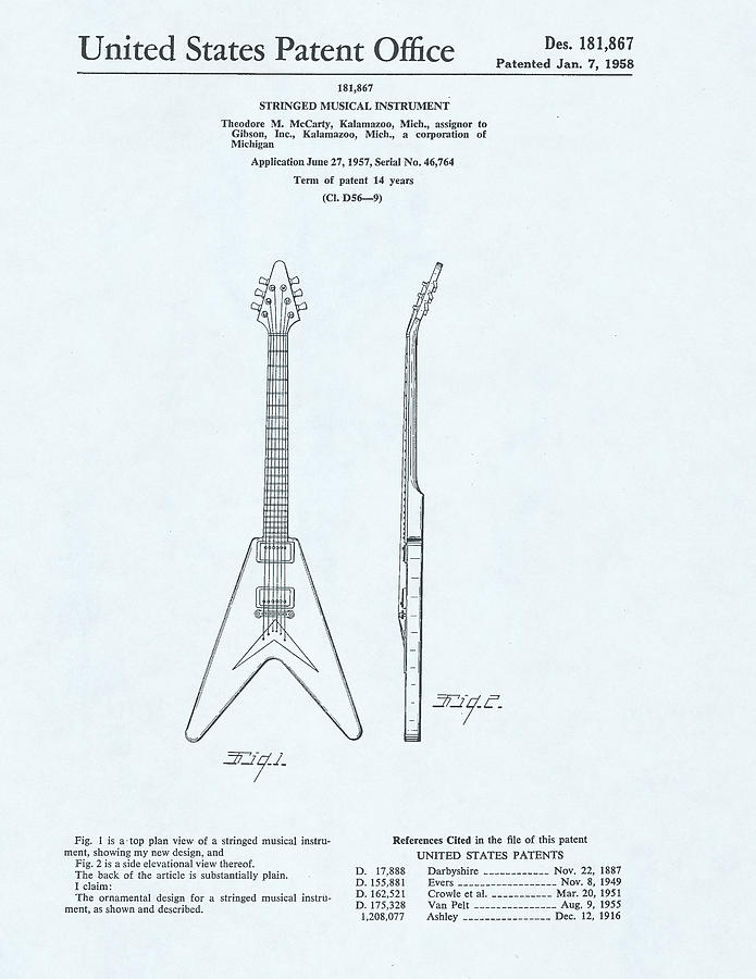 Guitar Patent Drawing on a blue background #19 Drawing by Steve Kearns
