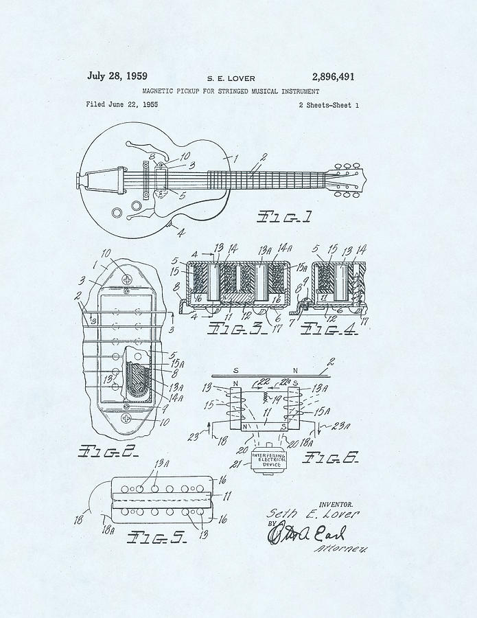 Guitar Pickup Patent Drawing on a blue background #2 Drawing by Steve Kearns