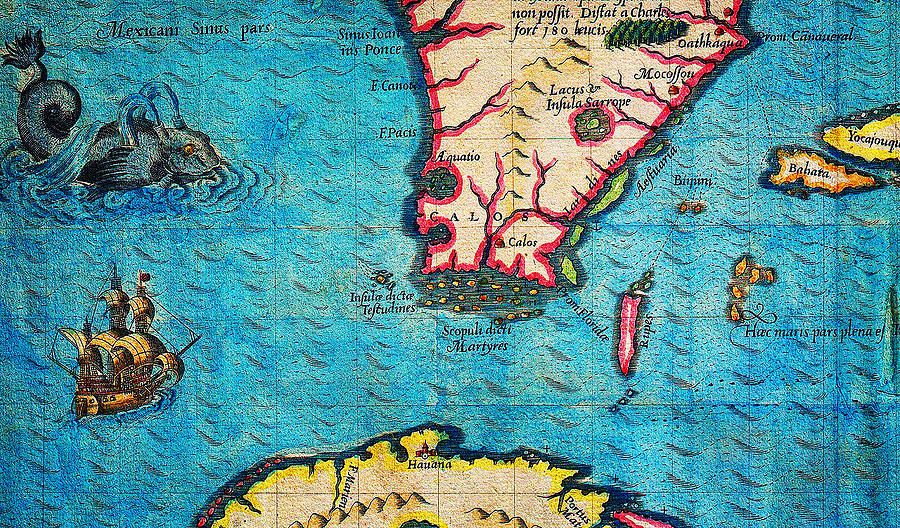 1591 De Bry and Le Moyne Map of Florida and Cuba Geographicus Florida debry 1591 part Painting by MotionAge Designs