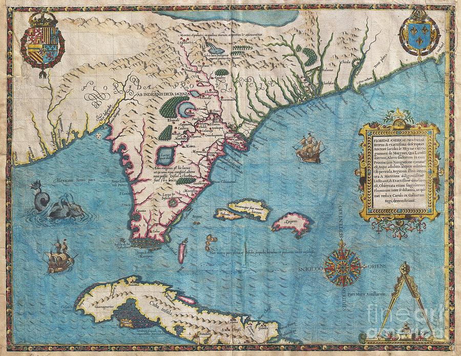 Le Moyne Photograph - 1591 De Bry and Le Moyne Map of Florida and Cuba by Paul Fearn