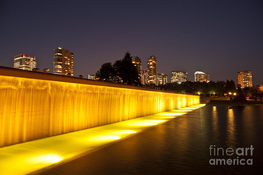 Bellevue skyline from city park with fountain and waterfall at s #16 Photograph by Jim Corwin