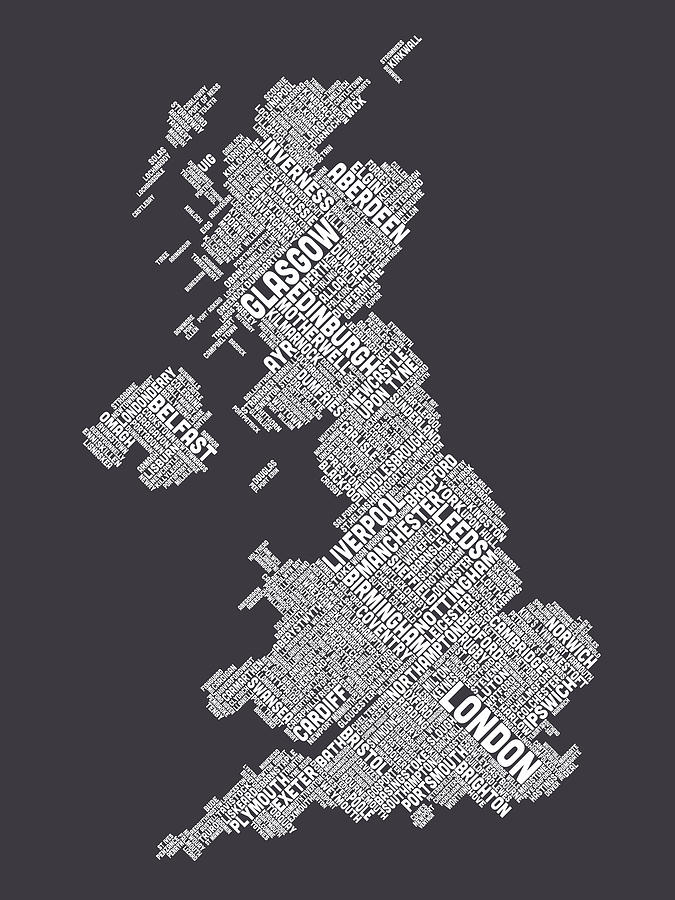 Great Britain UK City Text Map #16 Digital Art by Michael Tompsett