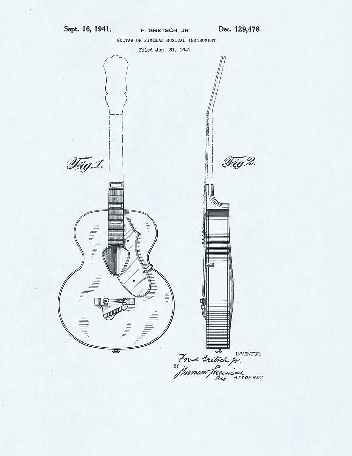 Guitar Patent Drawing on a blue background #18 Drawing by Steve Kearns