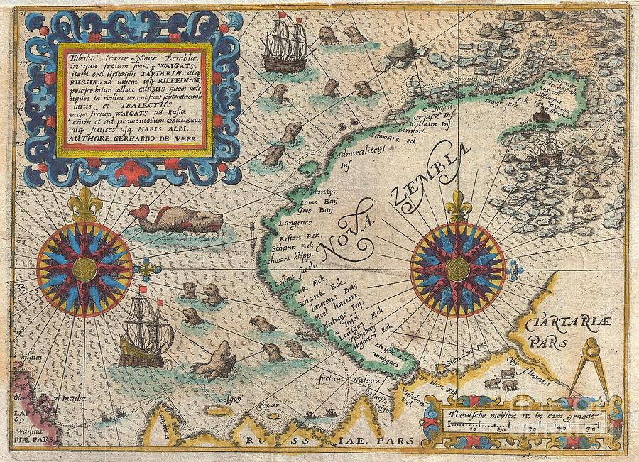 1595 Photograph - 1601 De Bry and de Veer Map of Nova Zembla and the Northeast Passage by Paul Fearn