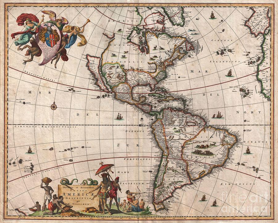 Hernando De Alarcon Photograph - 1658 Visscher Map of North America and South America by Paul Fearn