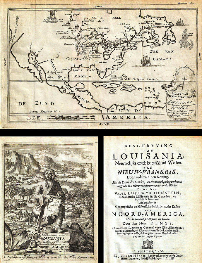 1688 Hennepin First Book and Map of North America first printed map to name Louisiana Geographicus N Painting by MotionAge Designs