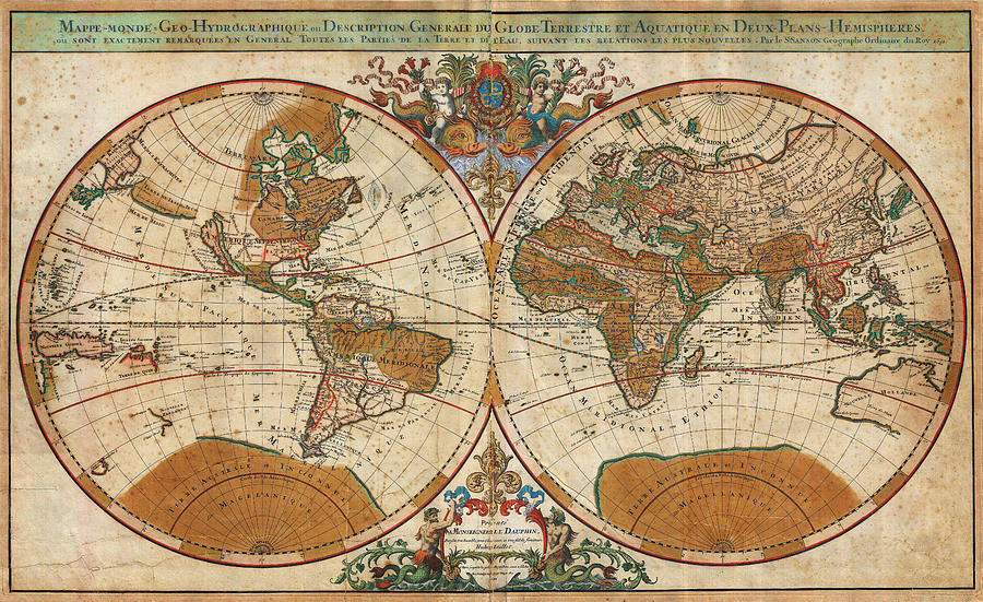 1691 Sanson Map of the World on Hemisphere Projection Geographicus World sanson 1691 Painting by MotionAge Designs