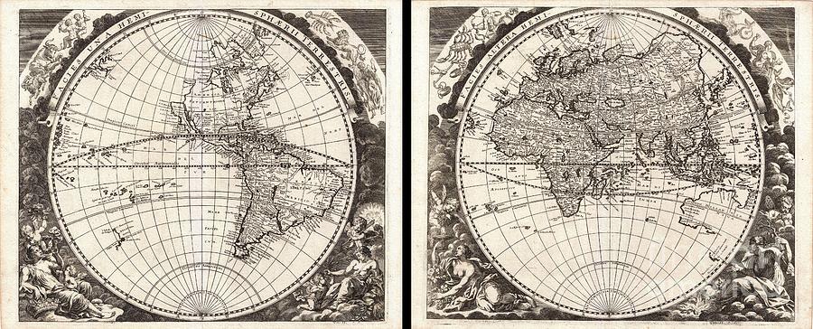 1696 Zahn Map of the World in Two Hemispheres Photograph by Paul Fearn