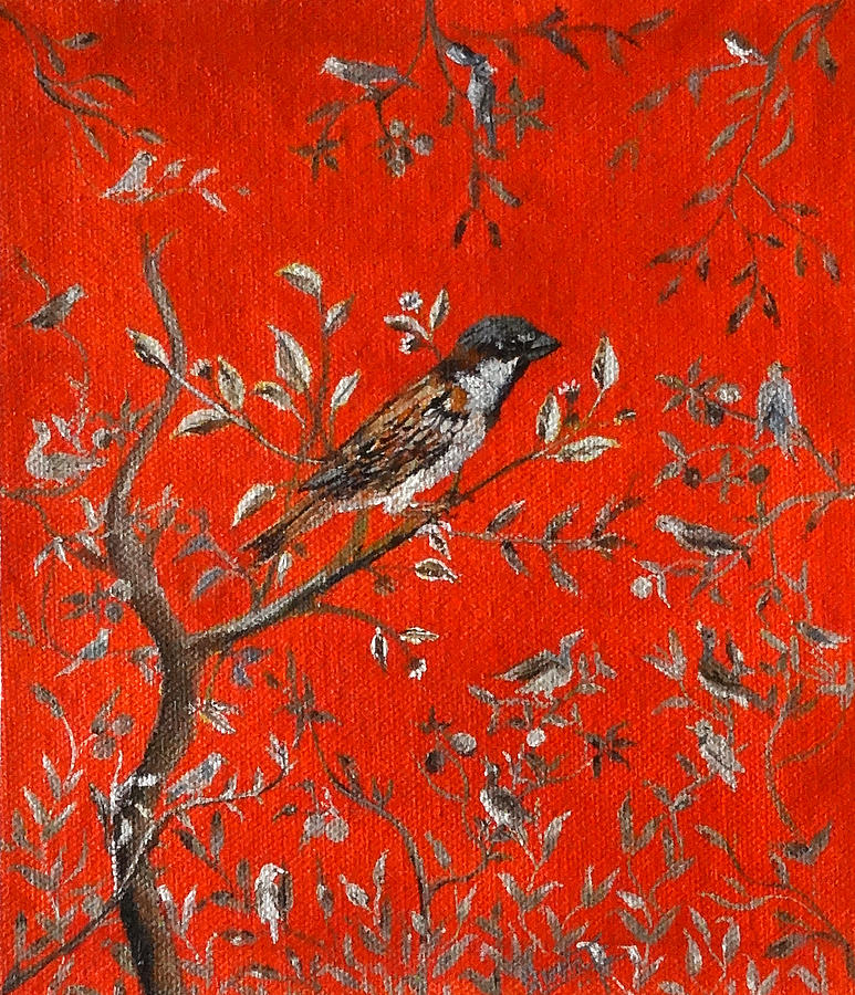 Sparrow Painting - 17 Birds by Sheela Padmanabhan