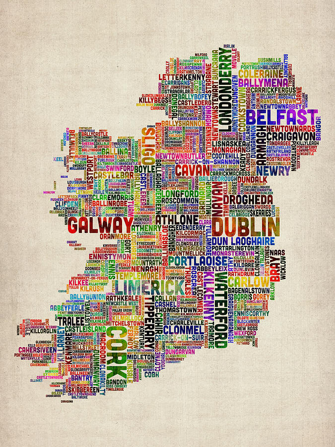 Typography Digital Art - Ireland Eire City Text Map #17 by Michael Tompsett