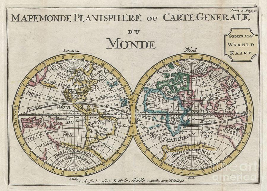 1706 de La Feuille Map of the World on Hemisphere Projection Photograph by Paul Fearn