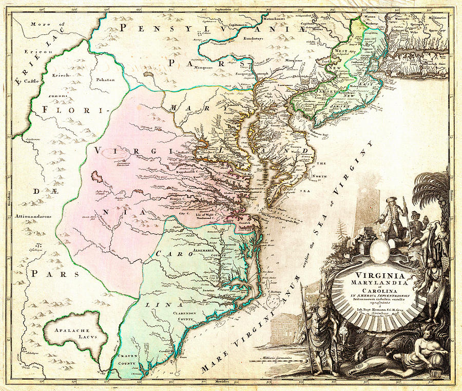 1715 Homann Map of Carolina Virginia Maryland and New Jersey Geographicus VirginiaMarylandiaCarolina Painting by MotionAge Designs