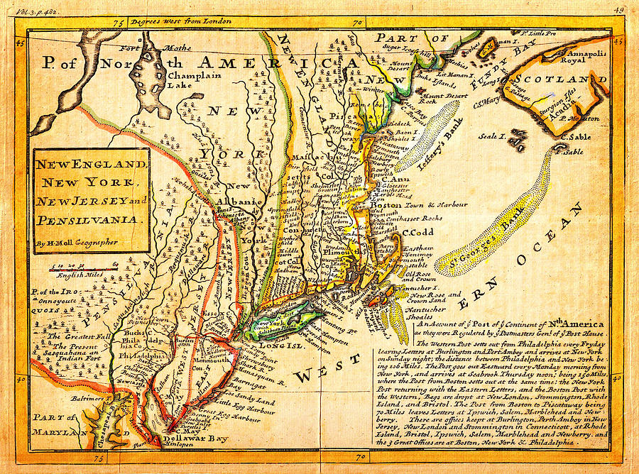 1729 Moll Map of New York New England and Pennsylvania First Postal Map 