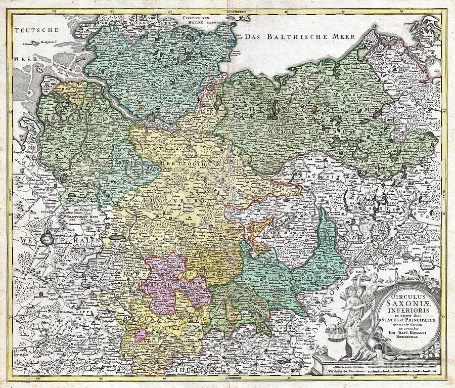 Berlin Photograph - 1730 Homann Map of Lower Saxond  Berlin Lubeck Hamburg Bremen by Paul Fearn