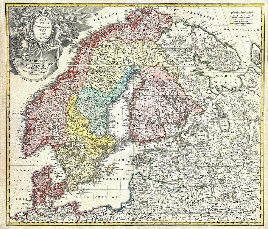 1730 Homann Map of Scandinavia Norway Sweden Denmark Finland and the Baltics Photograph by Paul Fearn