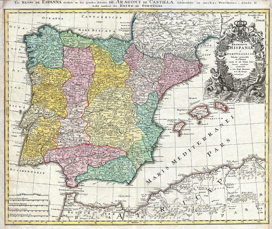1730 Homann Map of Spain and Portugal Photograph by Paul Fearn