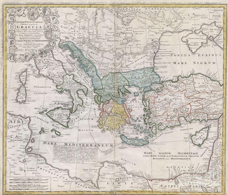 Sicily Photograph - 1741 Homann Heirs Map of Ancient Greece  the Eastern Mediterranean by Paul Fearn