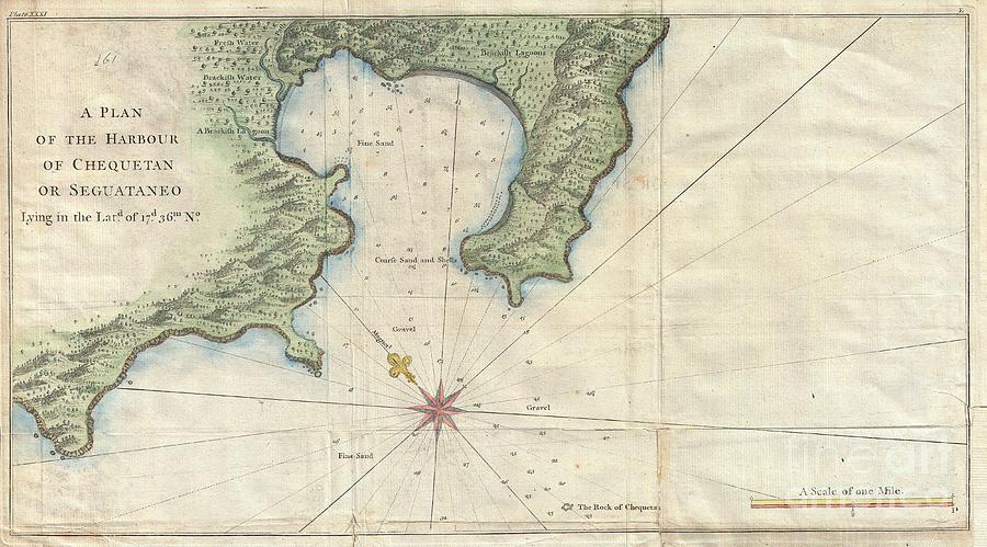 Waterways Photograph - 1745 Anson Map or Chart of Zihuatanejo Harbor Mexico by Paul Fearn