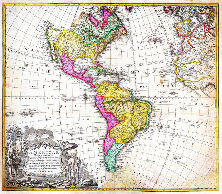 1746 Homann Heirs Map of South North America Geographicus Americae hmhr 1746 Painting by MotionAge Designs