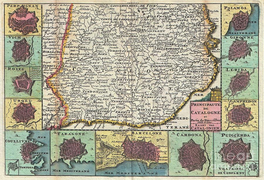 1747 La Feuille Map of Catalonia Spain Photograph by Paul Fearn