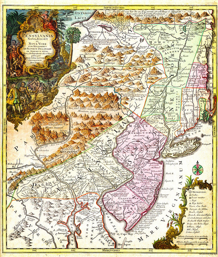 1756 Lotter Map of Pennsylvania New Jersey New York Geographicus PensylvaniaNovaJersey lotter 1756 Painting by MotionAge Designs