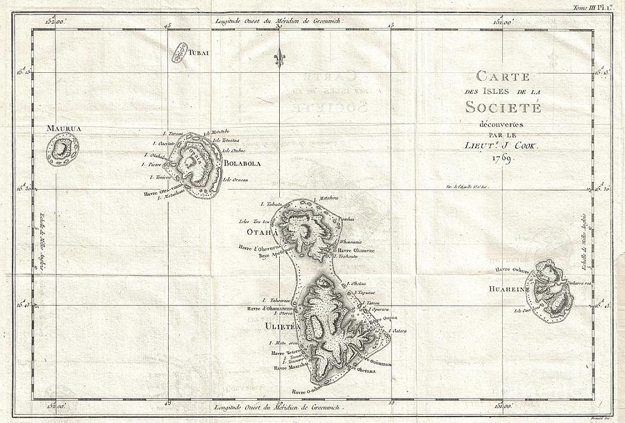 1769 Cook Map of the Society Islands Photograph by Paul Fearn