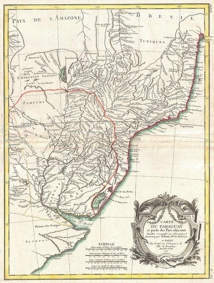 1771 Bonne Map of Paraguay Uruguay and Brazil Photograph by Paul Fearn