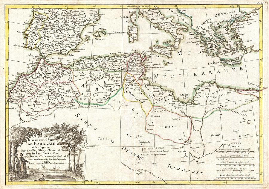 1771 Bonne Map of the Mediterranean and the Maghreb or Barbary Coast Photograph by Paul Fearn