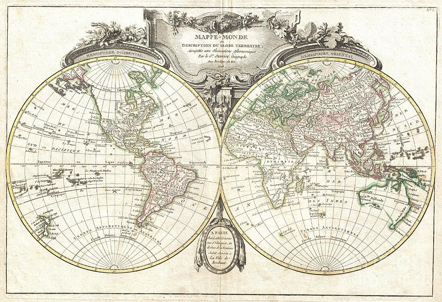 1775 Lattre and Janvier Map of the World on a Hemisphere Projection  Photograph by Paul Fearn
