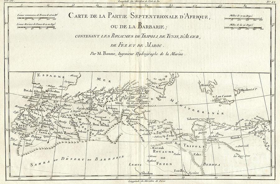 1780 Bonne Map of North Africa and the Western Mediterranean Barbary Coast Photograph by Paul Fearn