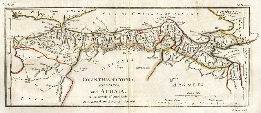 1786 Bocage Map of Corinthia Sicyonia and Achaia in Ancient Greece Photograph by Paul Fearn