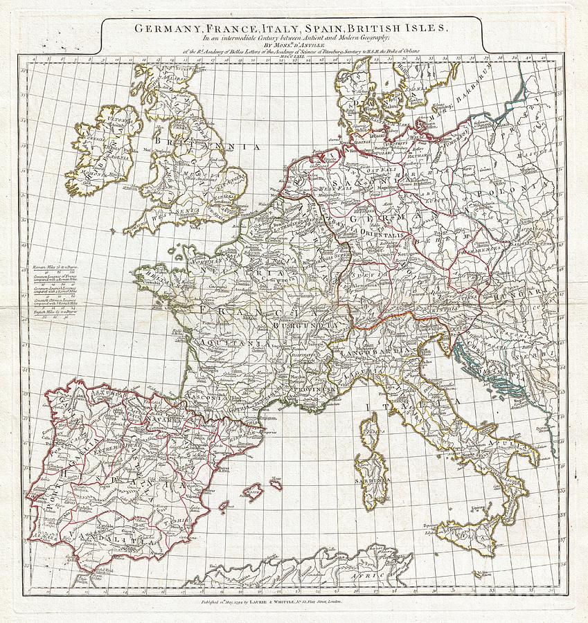 City Photograph - 1794 Anville Map of Europe in late Roman times by Paul Fearn