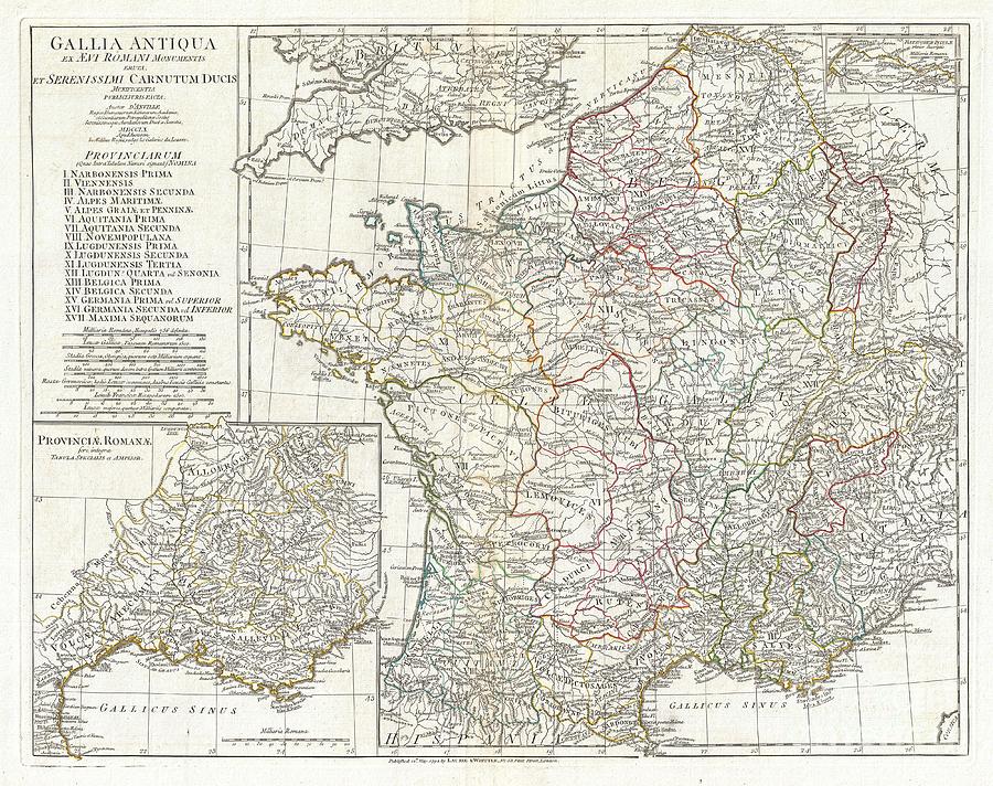 1794 Anville Map of Gaul  or France in ancient Roman Times Photograph by Paul Fearn