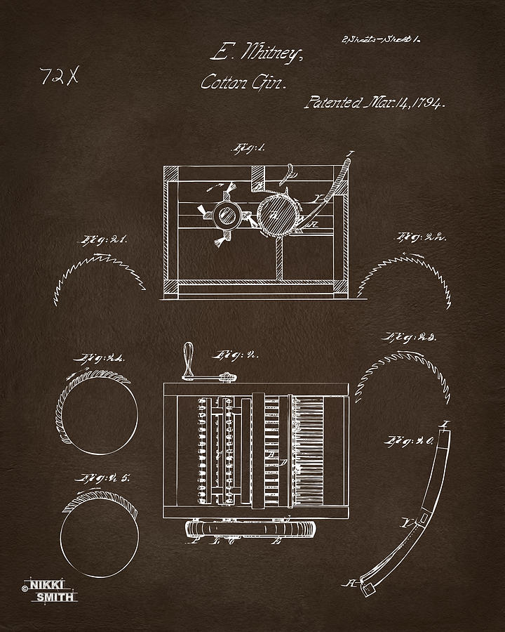 1794 Eli Whitney Cotton Gin Patent Espresso Digital Art by Nikki Marie Smith