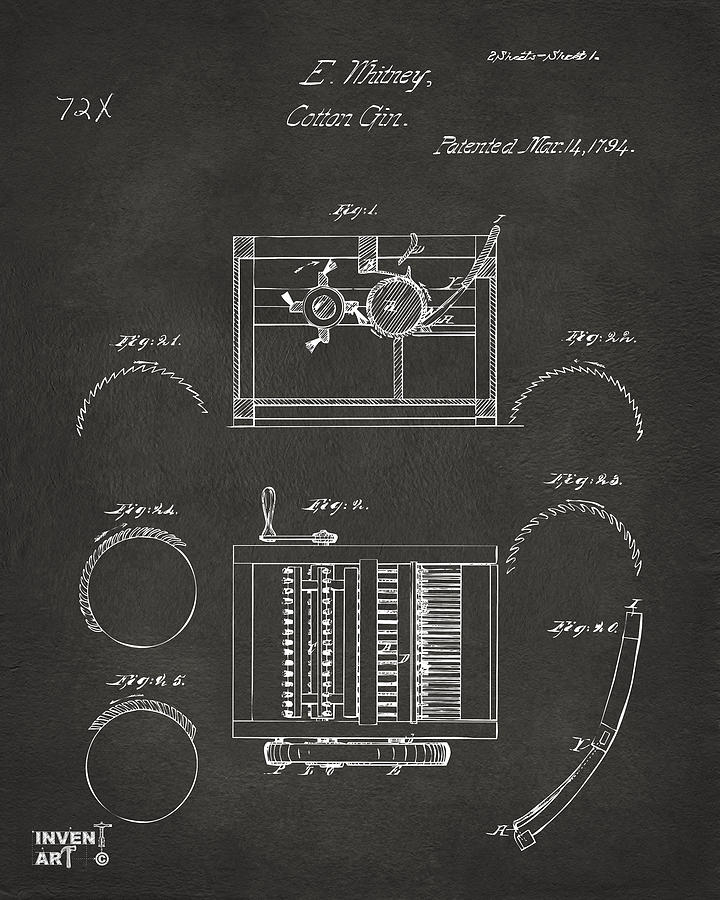 1794 Eli Whitney Cotton Gin Patent Gray Digital Art by Nikki Marie Smith