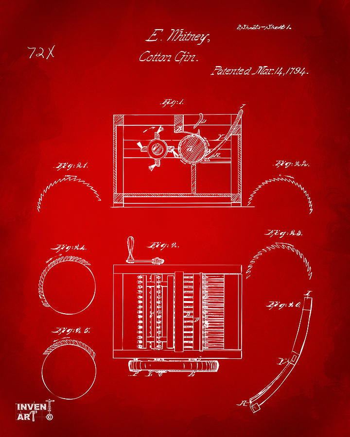 1794 Eli Whitney Cotton Gin Patent Red Digital Art by Nikki Marie Smith