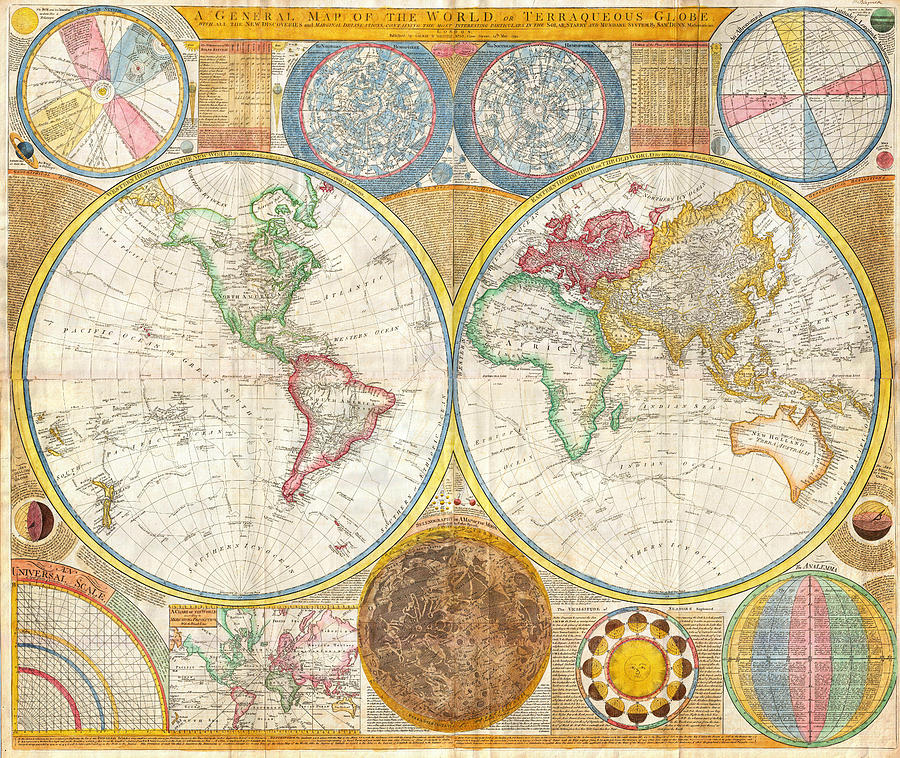 1794 Samuel Dunn Wall Map of the World in Hemispheres Painting by Celestial Images
