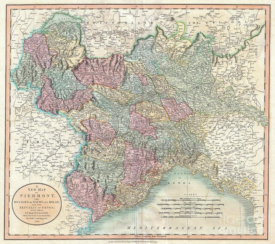 Abstract Photograph - 1799 Cary Map of Piedmont Italy  Milan Genoa  by Paul Fearn