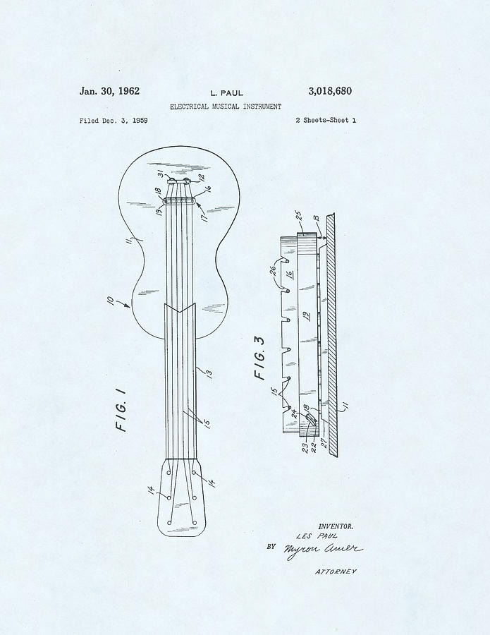 Guitar Patent Drawing on a blue background #6 Drawing by Steve Kearns