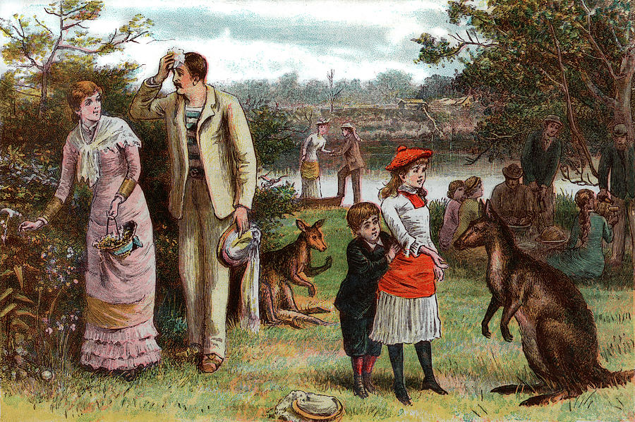 1800s 1880s 1881 Summer Picnic Scene Painting by Vintage